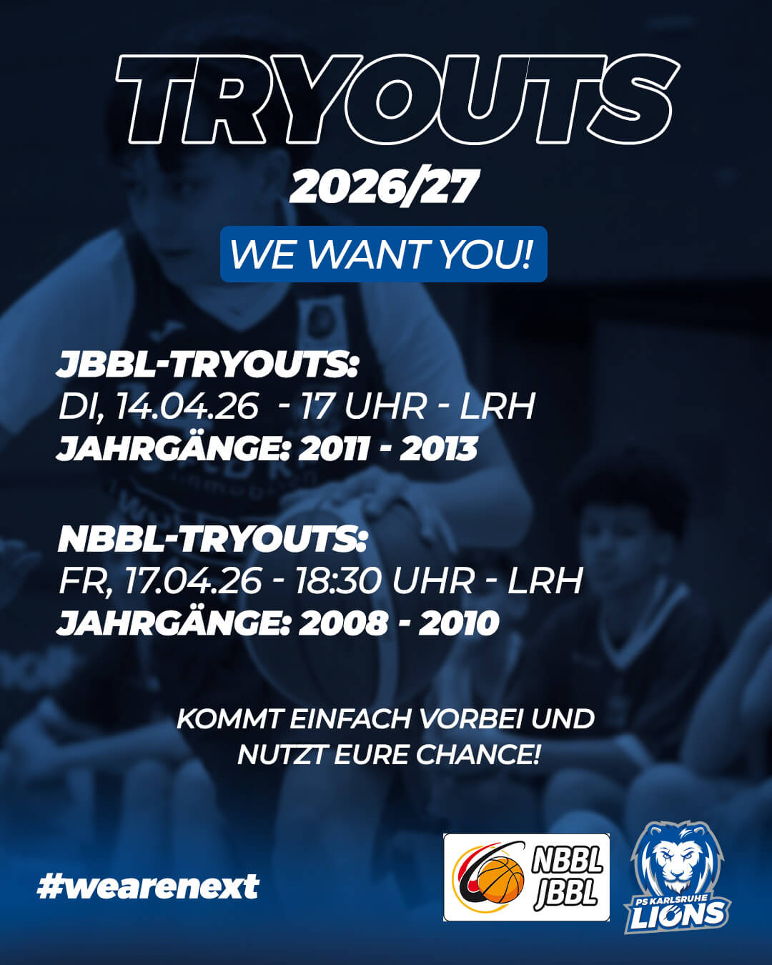 Plakat zu den JBBL- und NBBL-Tryouts 2026 der PS Karlsruhe LIONS